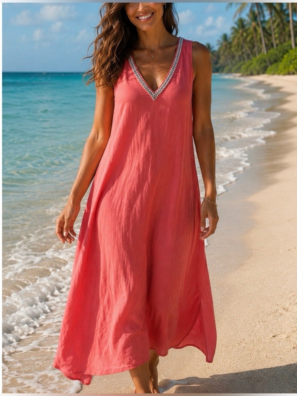 Calypso St Barth Maxi  Dress Large Linen Blend Coral V Neck Embellished